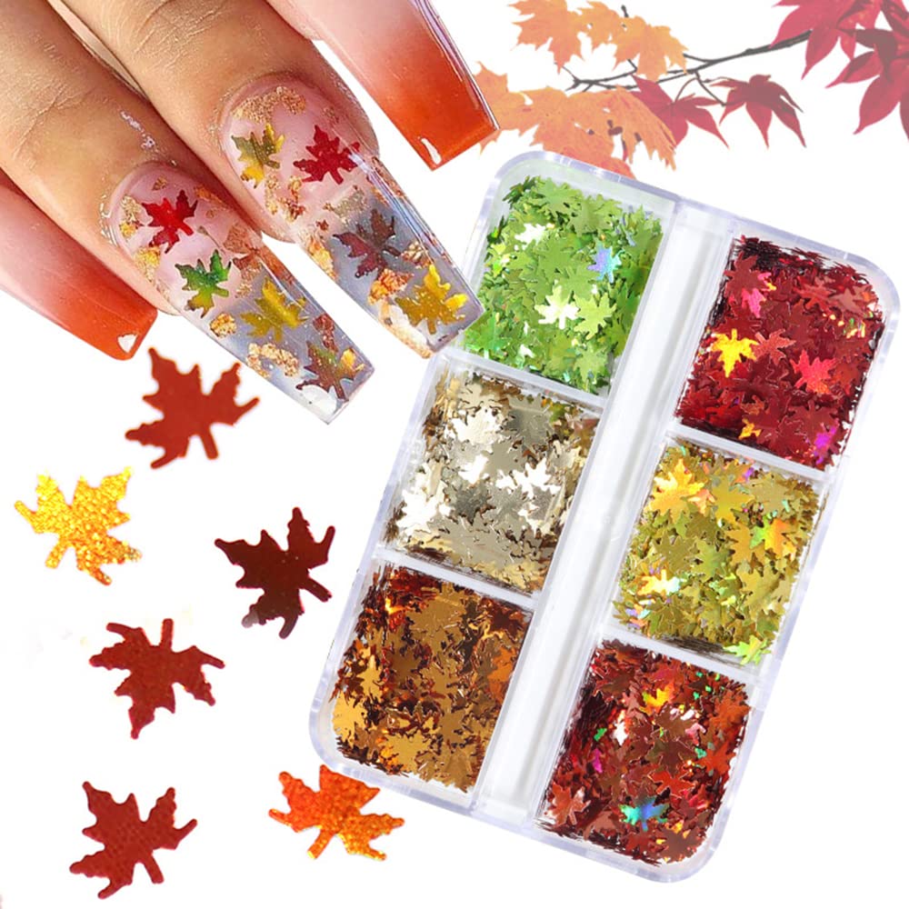 6 Jars Autumn Glitter Golden Orange Dust Sugar Nail Powder Maple Leaf Nail Sequins Shiny Laser Sparkly 3D Holographic Fall Ginkgo Flakes Nail Art Design Makeup DIY Thanksgiving Manicure