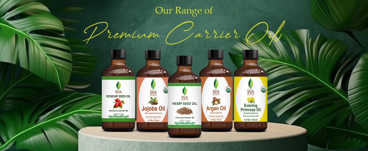 A collection of carrier oils glass bottles from SVA including hemp seed carrier oil 4 ounce