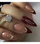 24 PCS Almond Press on Nails Medium Burgundy Glitter Head Fashion Design Nails Glossy Reusable Fa...
