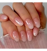 Pink White Press on Nails Short Oval Fake Nails with Simple Designs Ombre Translucent Glue on Nai...