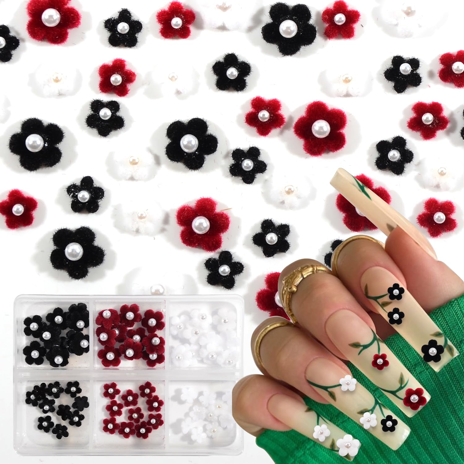 60PCS 3D Plum Blossom Nail Art Plush Resin Nail Charms Mixed Color Resin Flower Nail Charms Fluffy Pom Balls for Acrylic Nails DIY Craft Women Girls