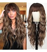 Cisyia Long Brown Wigs with Bangs 26 Inches Ombre Brown Mixed Blonde Highlight Wig for Women Long...