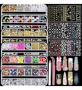 Teenitor Nail Charms and Gems Nail Art Tools, 6 Boxes 3D Nail Gems with 15 Sheets Nail Stickers f...
