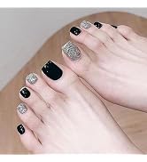 Toenails Square Fake Toenails Glossy Black Sliver Press on Toenails Solid Short Acrylic False Toe...