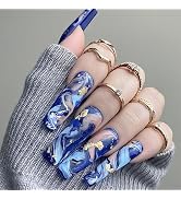 MUZOXEN Press on Nails Extra Long, Square Coffin Acrylic Fake Nails with Elegant Graffiti Blue De...