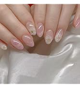 Short Press on Nails Oval False Nails with Gold Glitter Designs Flowers Fake Nails Light Pink Ful...