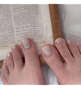 Nude Press on Toenails Short French Tips Glitter Design Fake Toenails Square Glossy False Toe Nai...