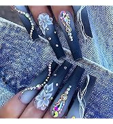 24Pcs Luxury Press on Nails Extra Long Coffin Fake Nails with Rhinestones & Flower Designs Artifi...