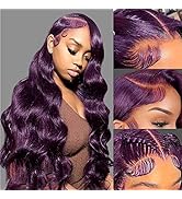 Dark Burgundy 13x4 Body Wave Lace Front Wigs Human Hair 150% Density Grape Purple Body Wave Wigs ...