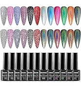 MIZHSE 6 Glitter Gel Nail Polish， 6 Holographic Gel Nail Polish, Sparkle Shiny Glitter Gel Polish...