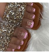 Short Square Press on Toenails Pink French Tips Fake Toe Nails Nude False Toe Nails with Bow Char...