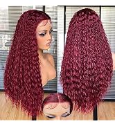 Annivia 26Inch Deep Wave Lace Front Wigs,Burgundy Long Curly Lace Front Wigs for Black Women,HD G...