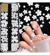 3D White Flower Nail Stickers Charm Decoration Decals 12 Grids Nail Flower Pearl Gold Caviar Bead...