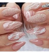 IFMOPETY 24pcs Pink Press On Nails，Pink Marble Glitter Design，Almond Fake Nails，Reusable Stick On...