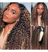 V Part Wig Human Hair No Glue Needed 1B/30 Highlight Curly Wave Wig Upgrade U Part Human Hair Wig...
