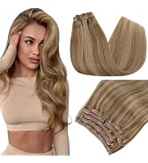 RUNATURE Dark Blonde Hair Extensions Clip in Human Hair 20 Inch Long Clip in Hair Extensions Dark...