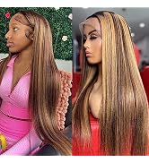 MSGEM Ombre Highlight 4/27 HD Lace Front Wigs Human Hair 18 inch 13×6 Straight Hair Transparent T...