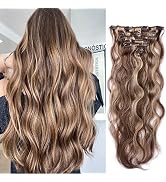 Human Hair Clip in Hair Extensions, Hair Extensions Real Human Hair, 20Inch Balayage Chocolate Br...