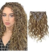 Caliee 14Inch Highlight,Natural Curly Clip in, Natural Wave Dark Brown Color Fading into Strawber...