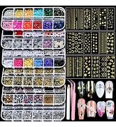Teenitor Nail Charms Nail Art Kit with 15 Sheets Gold Nail Stickers, 6 Boxes of Nail Gems Nail Ar...