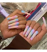 Press On Nails Medium Long Fake Nails Coffin, Rainbow Ombre Full Cover Acrylic Gel Nails, Reusabl...