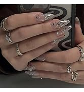 BABALAL Almond Press on Nails Medium Fake Nails Sliver swirl Glue on Nails Rhinestone Stiletto Ac...