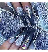 Long Press on Nails Blue Black Ombre Long Fake Nails Coffin Press on Nails Square False Nails wit...