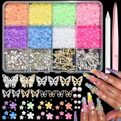 RODAKY Colorful 3D Flower Nail Charms, Metal Butterfly & Gem Rhinestone Blossom Decoration