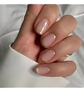 Press On Nails Short Square, Pink Fake Nails with French Tips and Gold Border Accent Glitter Desi...