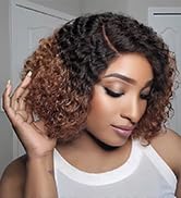 Brennas Hair Ombre Colored Short Curly Bob Wigs Human Hair Lace Front Wigs for Black Women 13x4 H...