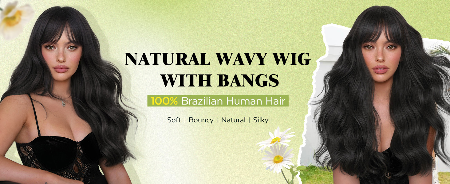 Natural Wavy Human Hair Wigs With Bangs