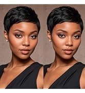 QiaQiaRing Chic Short Human Hair Wigs With Bangs Pixie Cut Wigs for Black Women Short Layered Pix...