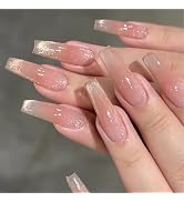 BABALAL Coffin Press on Nails Long Fake Nails Pink Glue on Nails Cat Eye Ombre Acrylic Nails 24Pc...