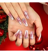 Christmas Press on Nails Medium Coffin Fake Nails with Designs Snowflake Stick on Nail French Acr...