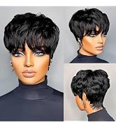 QiaQiaRing Chic Elegent Pixie Cut Wigs for Black Women Natural 1B Color Short Layered Pixie Cut H...
