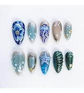 24Pcs Summer Beach Press on Nails Medium Almond Fake Nails with Gold Starfish Seashell Charms Blu...