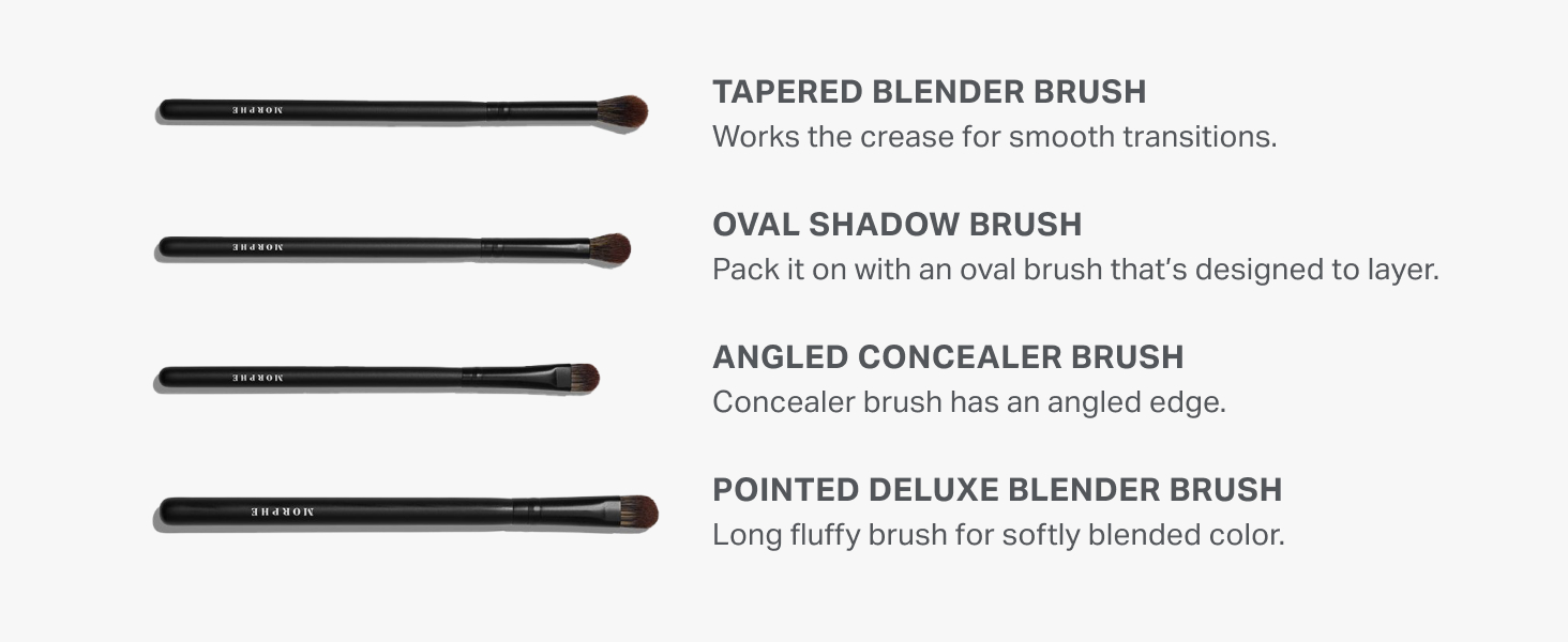Face and eye brush set includes angled, pointed, and oval brushes for seamless makeup blending