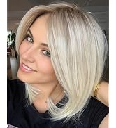 RENERSHOW Short Platinum Blonde Bob Wigs for White Women Ombre Blonde Wig with Brown Roots Straig...