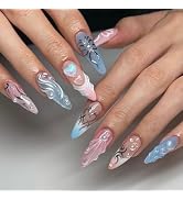Pink Blue Press on Nails Medium Almond Fake Nails Summer False Nails with Designs 3d Heart Pearl ...