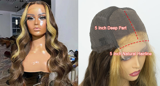 dark brown mixed blonde wig skunk stripe body wave lace front wig