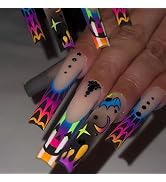 IMSOHOT Halloween Press on Nails Long Coffin Fake Nails - Colorful French Tips, Goth Pumpkins, Bl...