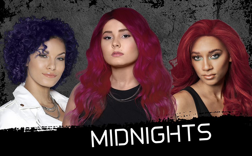 Midnights three women one with purple hair, one pink and one red