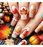 24Pcs Fall Leaves Stick on Fingernails Maple Leaf Press on Nails Glossy Brown Grid Acrylic Fake N...