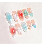 24Pcs Summer Press on Nails Medium Almond Fake Nails with Butterfly Pearl Designs 3D Starfish Sti...