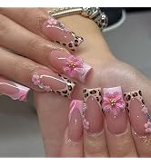 BABALAL Press on Nails Long Square Fake Nails Pink French Tip Glue ons Cheetah Print with 3d Text...