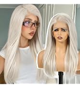 KOME Platinum Blonde Synthetic Lace Front Wig,13X6 Long Straight Layered Glueless Wigs for Women ...