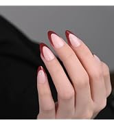French Nude Pink Press On Nails Short, Almond Fake Nails with Wine Red French Tips Design, Glossy...