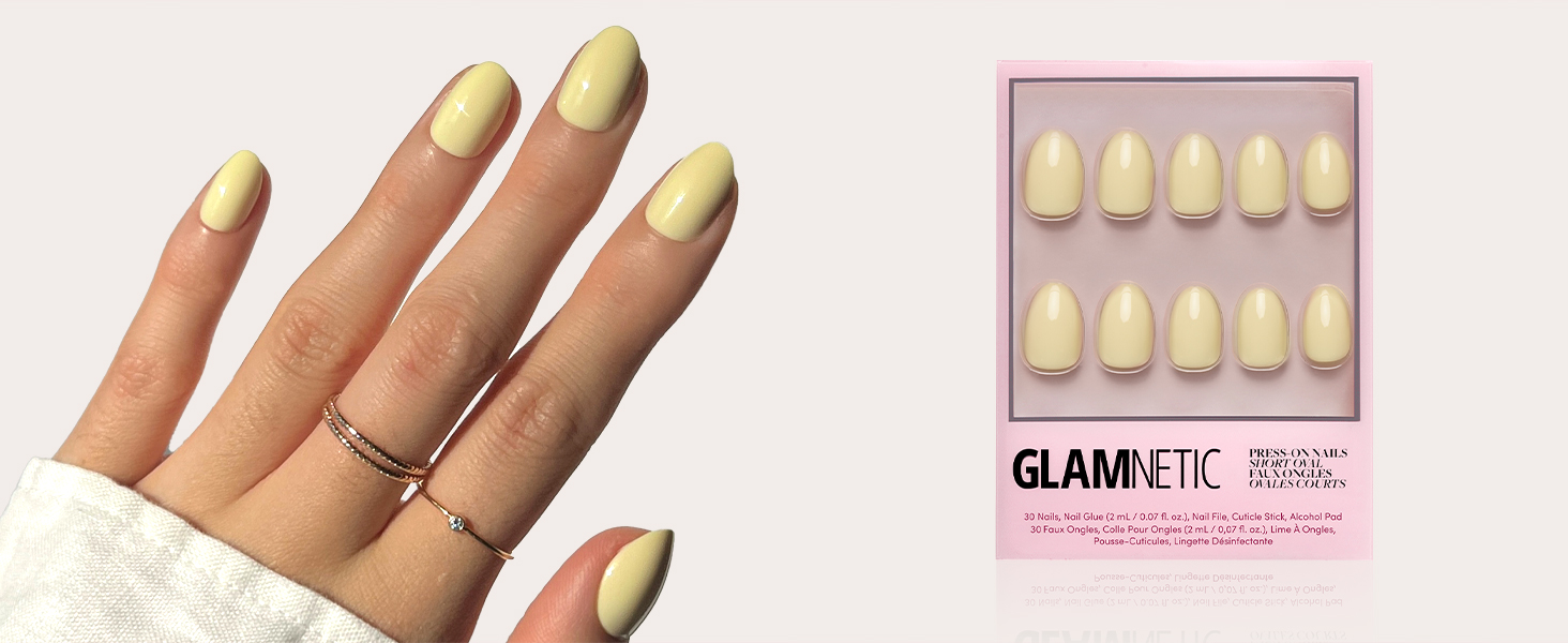 Short Oval Yellow Nails, Reusable Stick On Fake Nails with Glue | 15 Sizes - 30 Nail Kit with Glue
