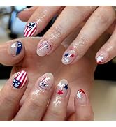 4th of July Press on Nails Short Oval Fake Nails with American Flag Designs Blue Red French Tip N...