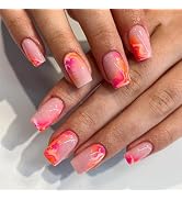 Press on Nails Medium Square Fake Nails Marble False Nails Pink Orange Gradient Glossy Glue on Na...